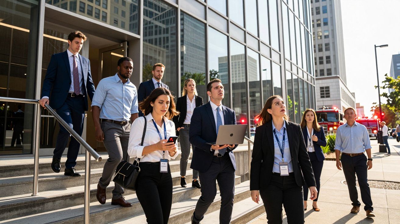 Grupo de profissionais em roupa formal a sair de prédio empresarial enquanto observam algo fora da imagem.