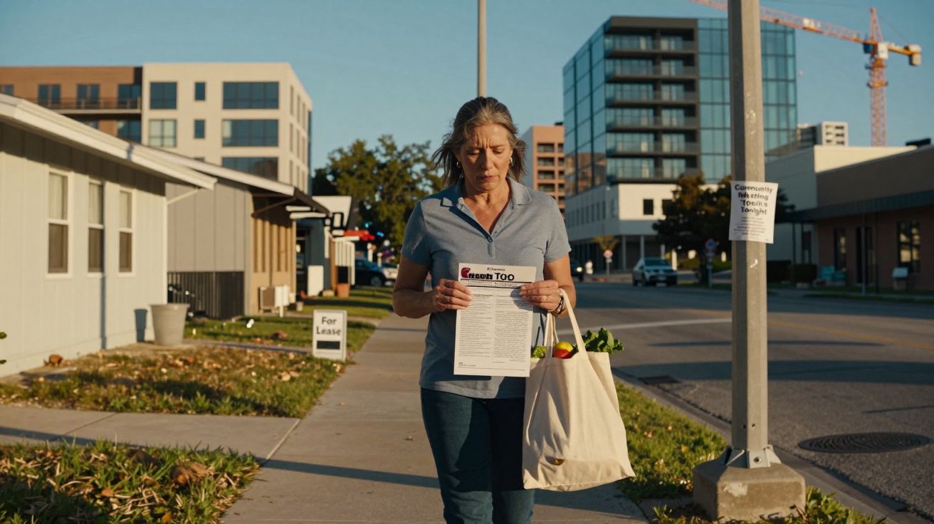 Mulher de meia-idade caminha na calçada de cidade segurando papel e saco de compras com plantas.