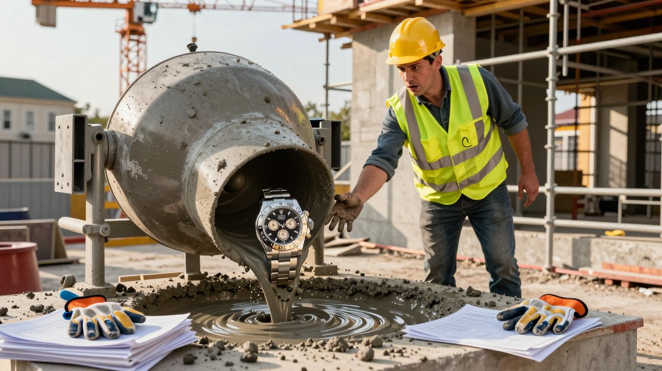 Obra com trabalhador, betoneira a verter cimento e um relógio de pulso gigante no meio do cimento.