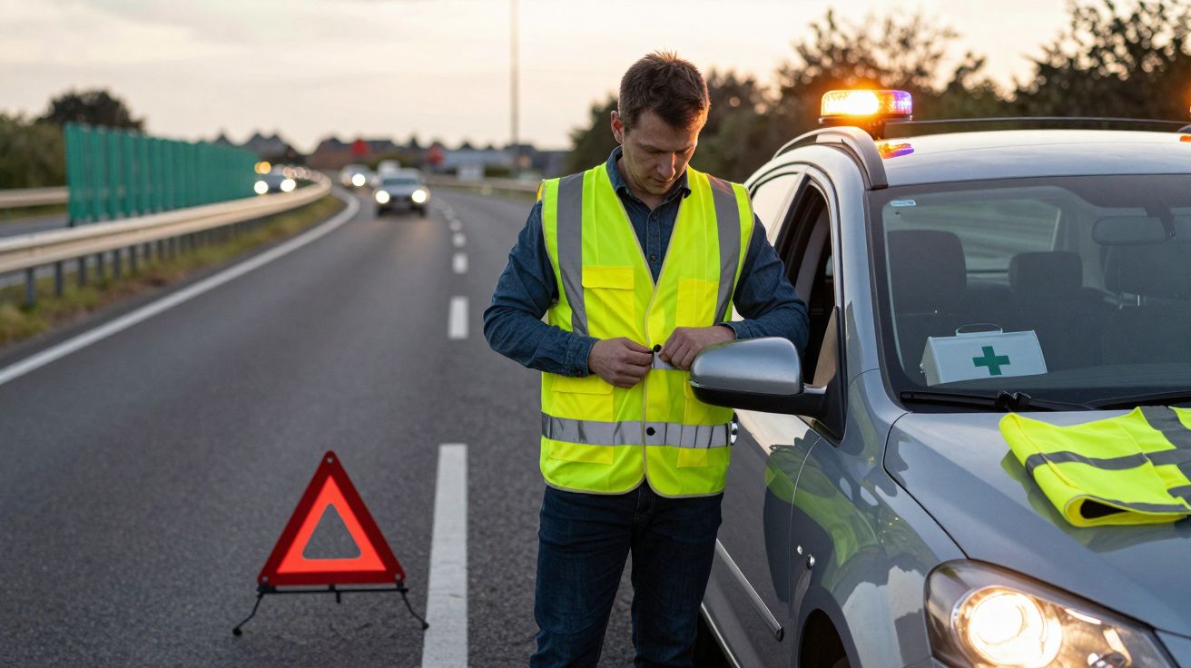 Homem com colete refletor amarelo ao lado de carro de emergência parado na estrada ao entardecer.
