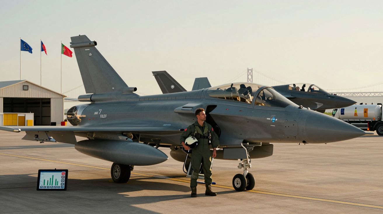 Caça F-16 da Força Aérea Portuguesa em pista com piloto em uniforme à frente e bandeiras ao fundo.