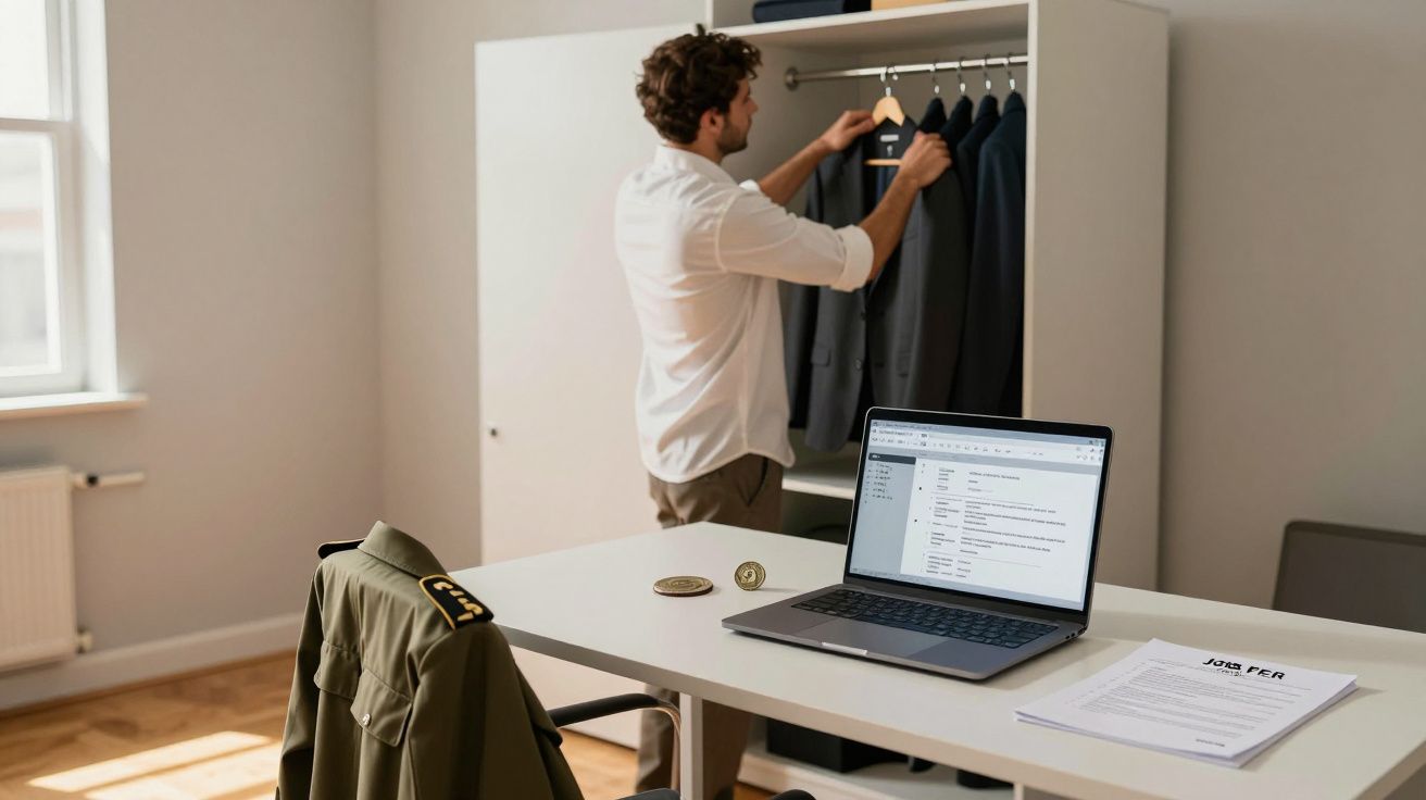 Homem a escolher fato no armário com secretária em primeiro plano com computador portátil e papéis de candidatura.