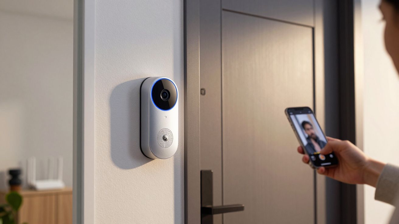 Campainha com câmara na parede e pessoa a ver imagem no smartphone numa porta de entrada.