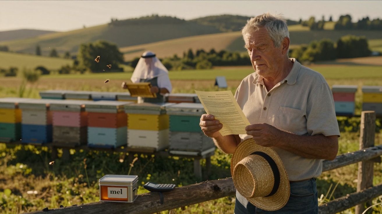Homem idoso com chapéu na mão lê papel numa quinta com colmeias coloridas e apicultor ao fundo.