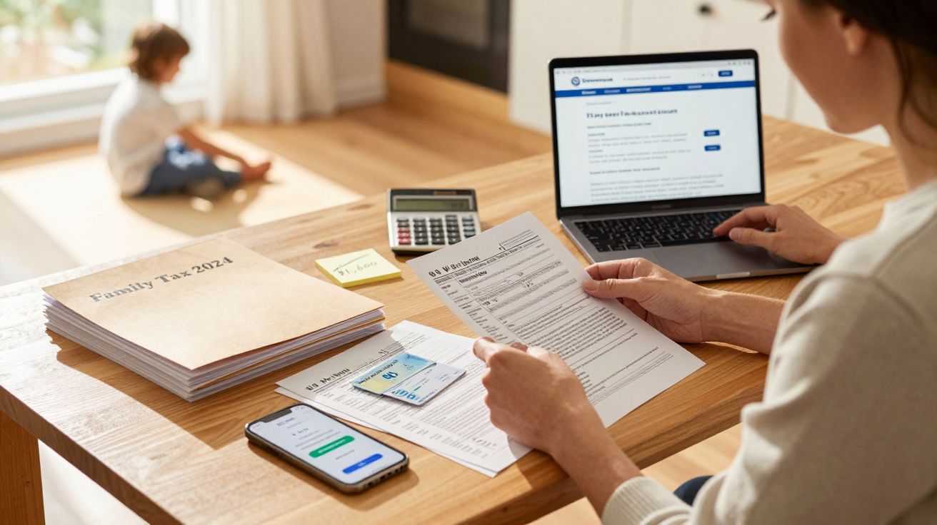 Pessoa a preencher formulários de impostos numa mesa com portátil, calculadora e documentos, com criança ao fundo.