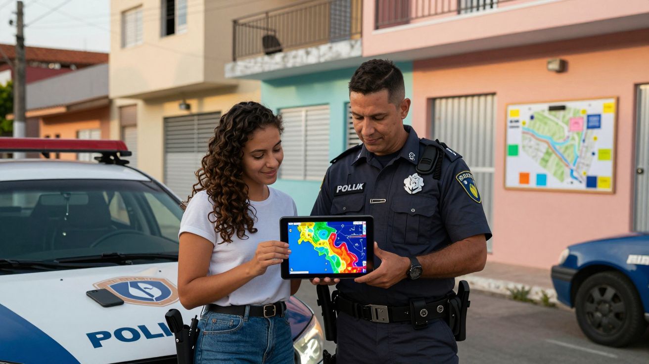 Polícia e mulher mostram mapa meteorológico colorido num tablet em frente a carro policial numa rua residencial.