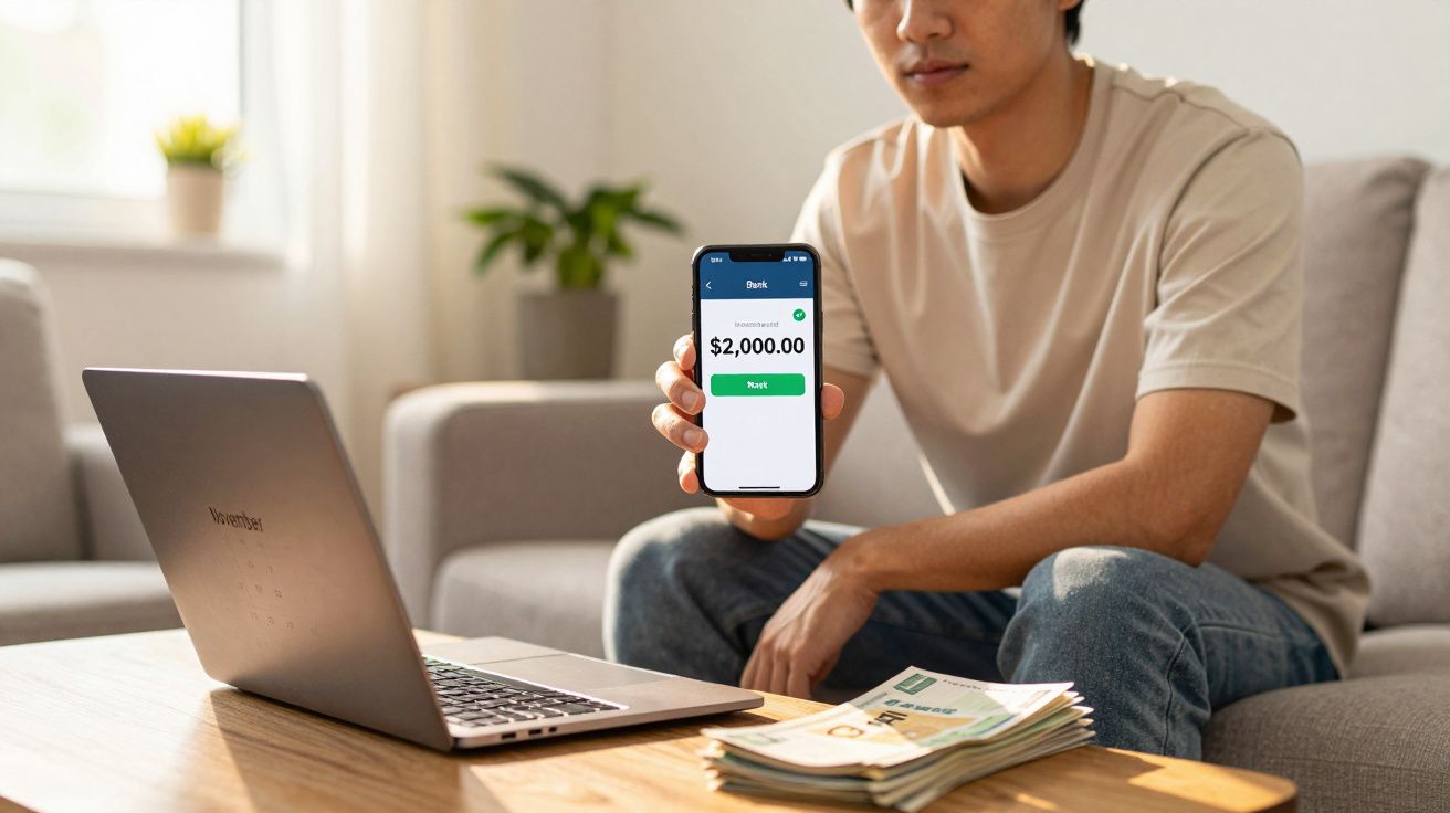 Homem sentado mostra telemóvel com saldo de $2,000, laptop e montes de dinheiro sobre mesa de madeira.