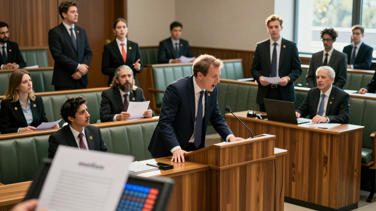 Pessoa a falar num púlpito durante uma sessão parlamentar com várias pessoas a ouvir e tomar notas.