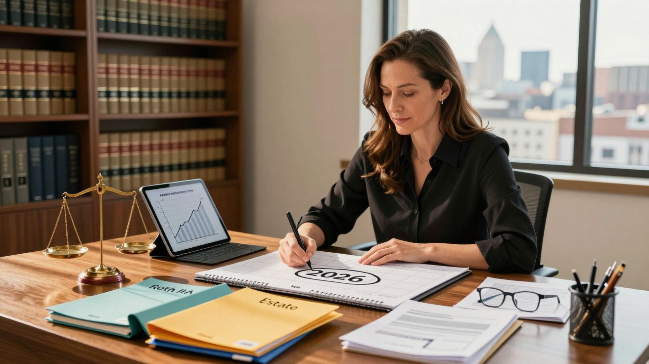 Mulher a escrever num plano anual de 2026 num escritório com documentos e símbolo da justiça na mesa.