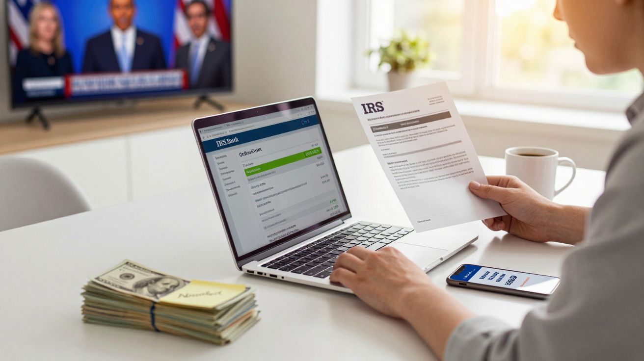 Pessoa a analisar documentos fiscais e finanças no computador e telemóvel, com notas de dólares na mesa.