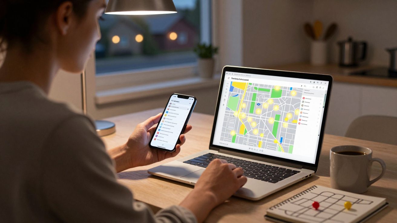 Pessoa a consultar mapa digital num portátil e smartphone numa mesa com lâmpada, caderno e chávena.