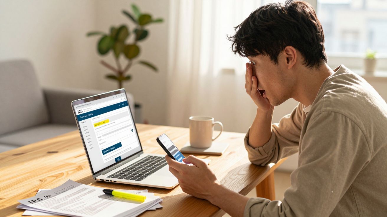 Homem sentado à mesa preocupado a olhar para o telemóvel, com laptop e documentos fiscais à sua frente.