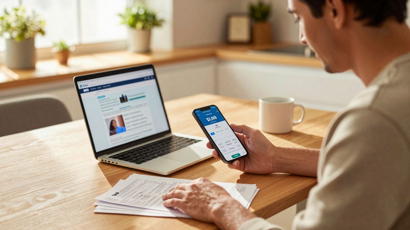 Pessoa a consultar saldo bancário no telemóvel com portátil aberto e documentos na mesa de madeira.