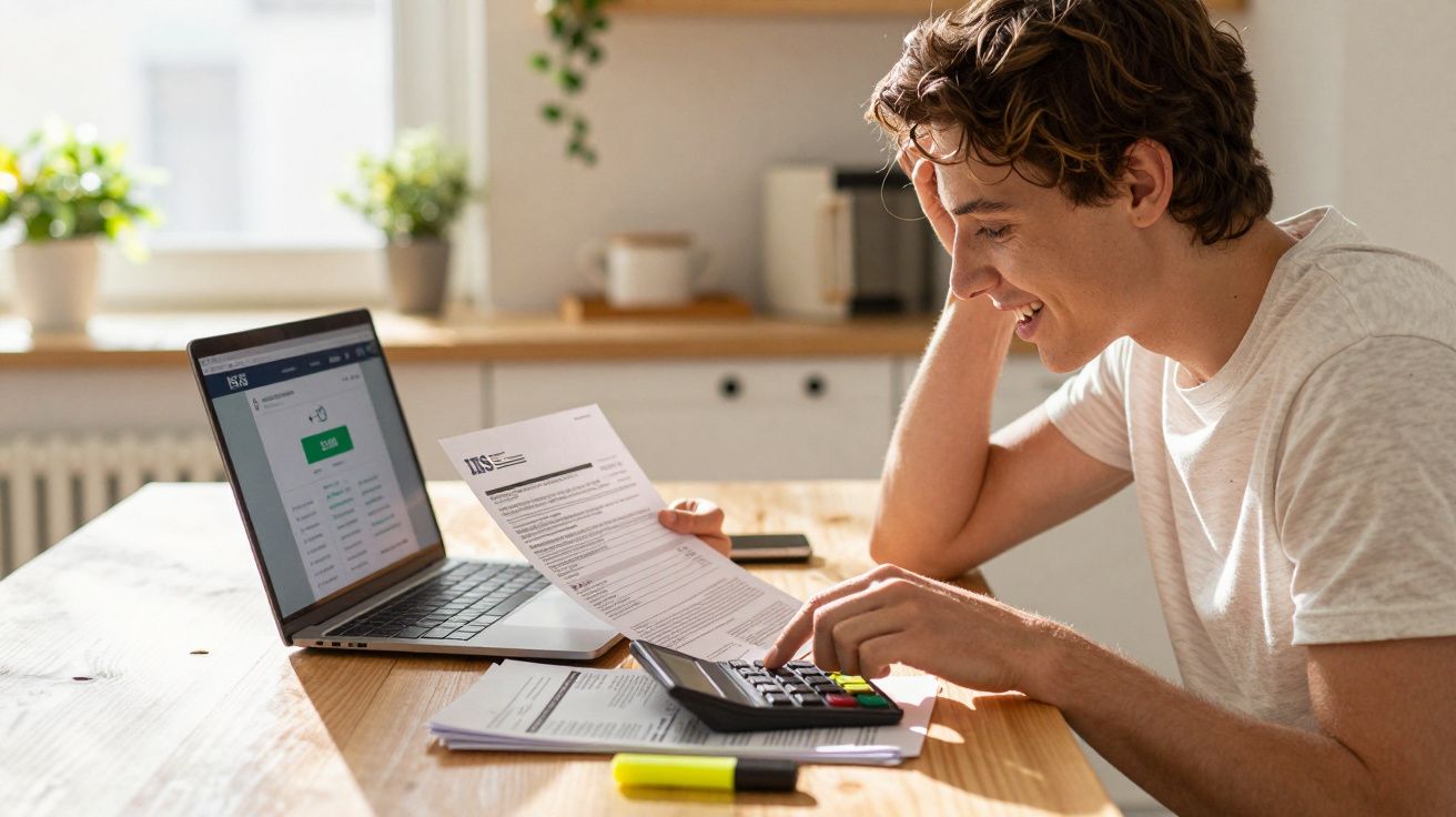 Jovem a calcular despesas com calculadora e documentos junto a computador portátil numa cozinha.