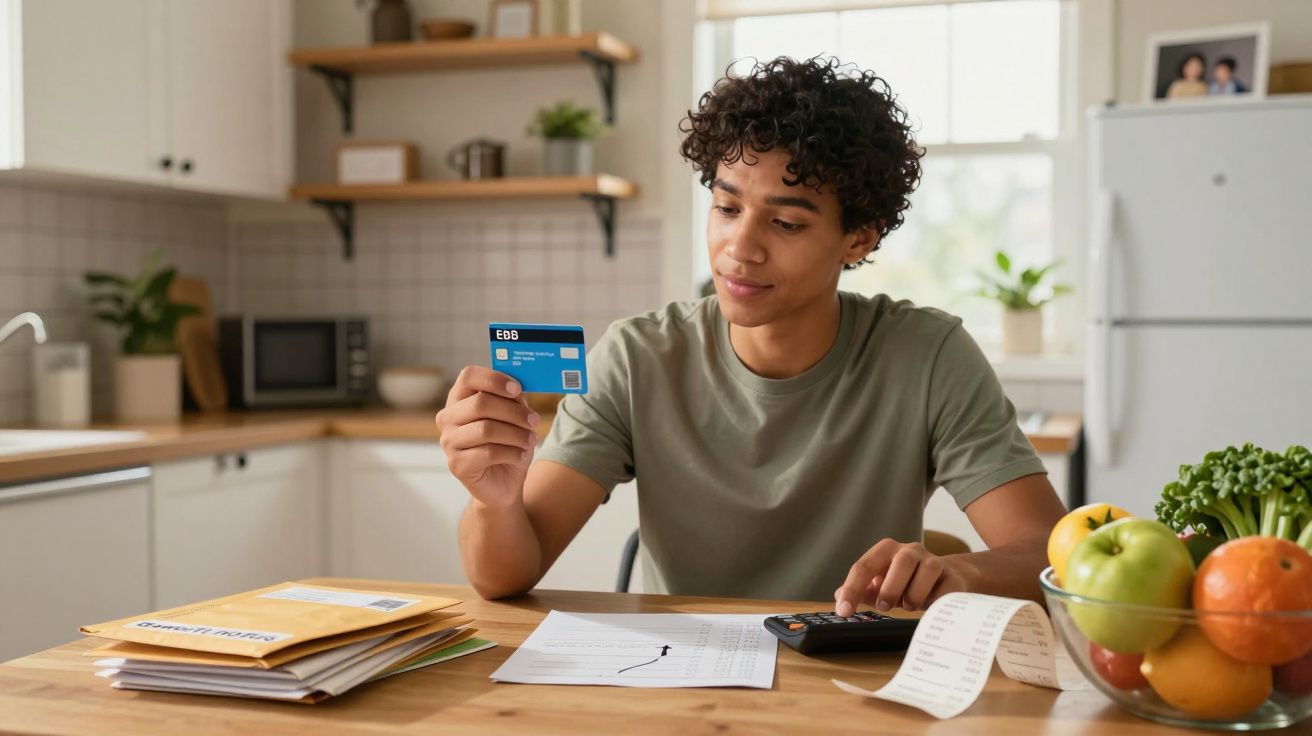 Jovem sentado à mesa a calcular despesas com cartão e documentos numa cozinha iluminada.
