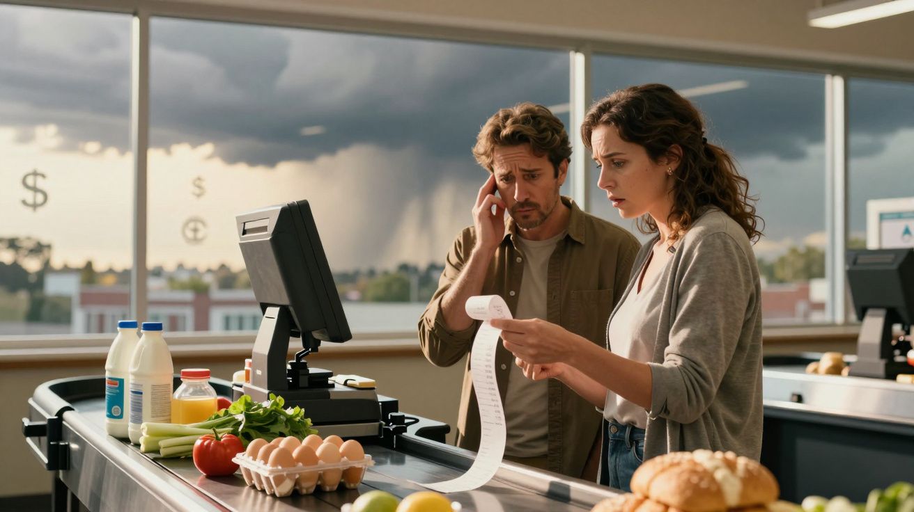 Casal no supermercado a analisar preocupado um talão de compras longo junto ao caixa.