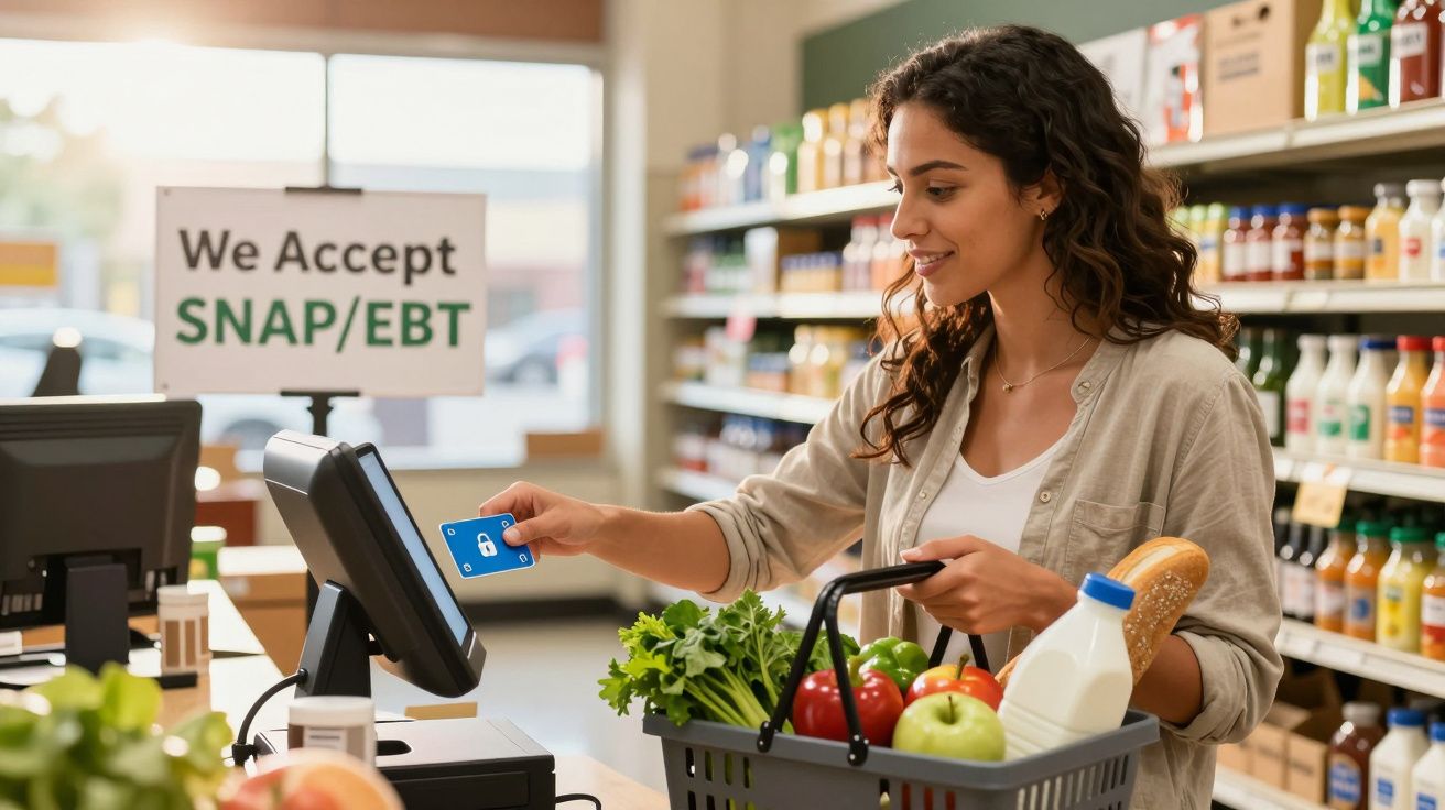 Mulher a pagar no supermercado com cartão, carrinho com legumes, pão e leite à sua frente.