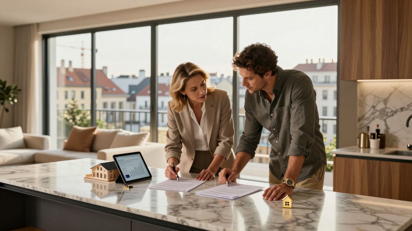 Casal jovem a analisar documentos numa cozinha moderna com grande janela e miniaturas de casas.