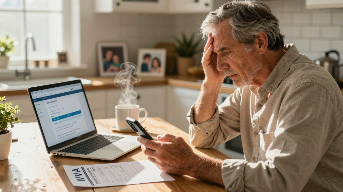Homem idoso preocupado usa telemóvel junto a portátil e documentos numa cozinha iluminada e moderna.