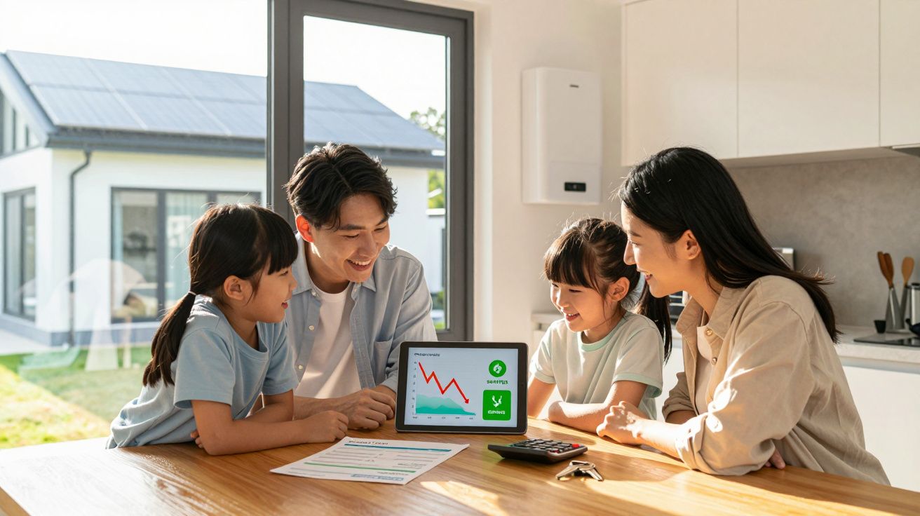 Família asiática sentada à mesa com gráfico de poupança e consumo num tablet numa casa moderna e luminosa.