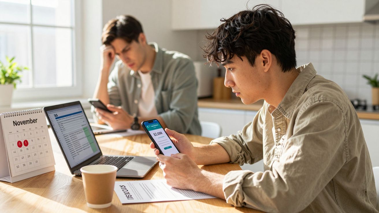 Dois homens sentados à mesa a usar telemóveis, com laptop, calendário e documento de recibos numa cozinha.