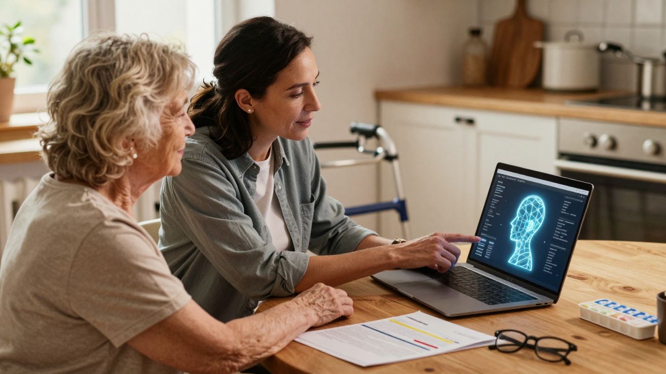 Mulher mais jovem explica a idosa gráficos digitais de cérebro num portátil numa cozinha.