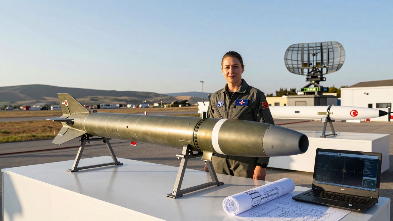 Mulher piloto militar posa junto a míssil exposto em base aérea com computador e plantas técnicas.