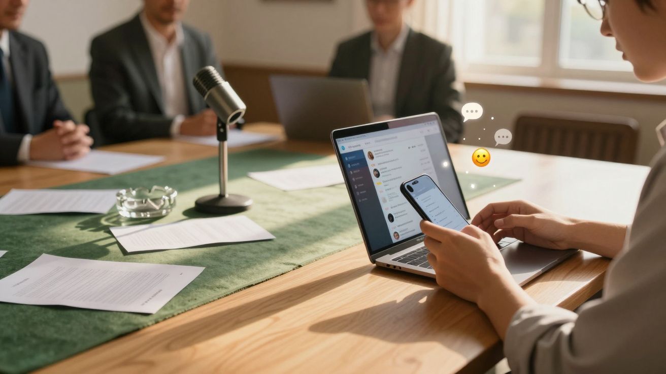 Pessoa numa reunião a enviar mensagens no telemóvel perto do computador portátil sobre a mesa de reuniões.