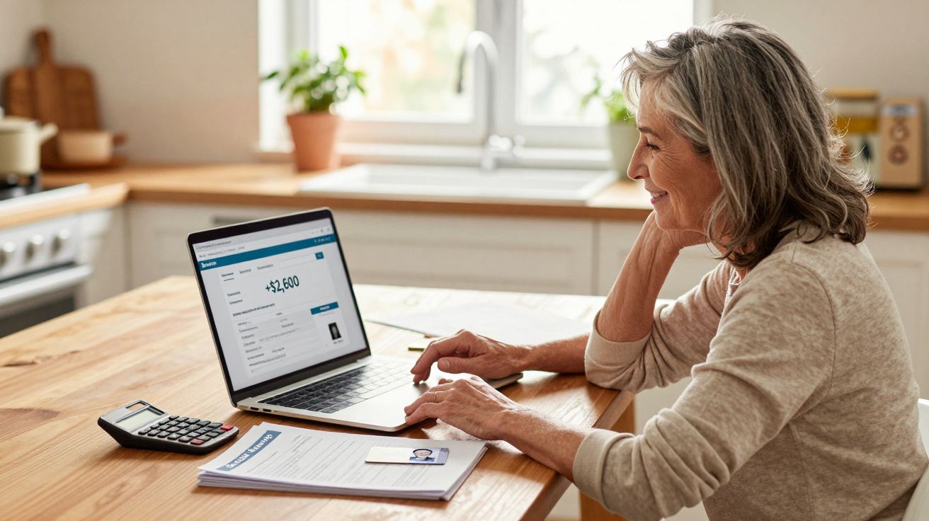 Mulher sénior a consultar finanças num portátil numa cozinha luminosa, com calculadora e documentos na mesa.