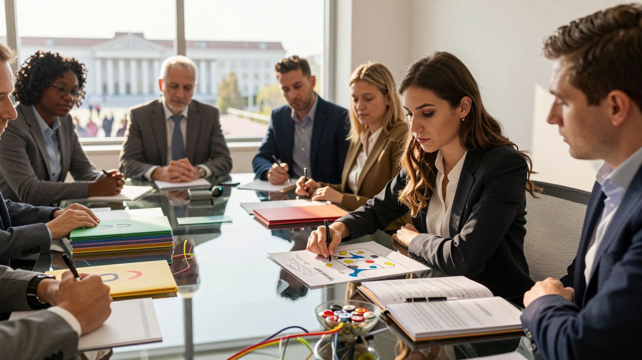 Grupo de seis pessoas em reunião de trabalho numa sala com mesa de vidro e documentos.