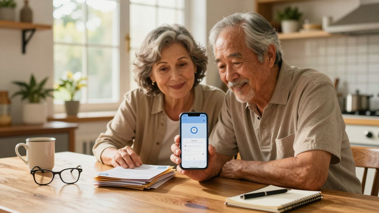 Casal sénior sorridente a consultar aplicação num smartphone numa cozinha luminosa.