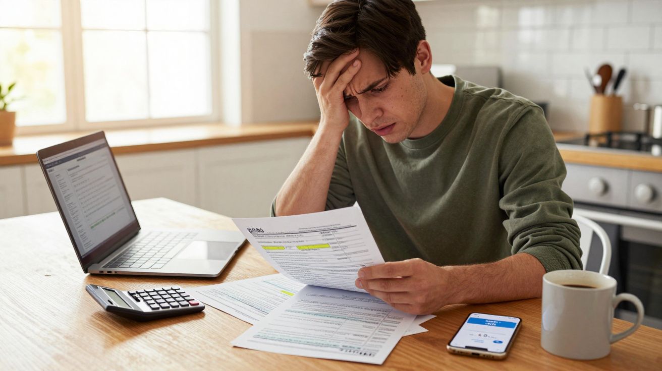 Homem preocupado a analisar documentos e contas numa cozinha, com computador, calculadora e telemóvel na mesa.
