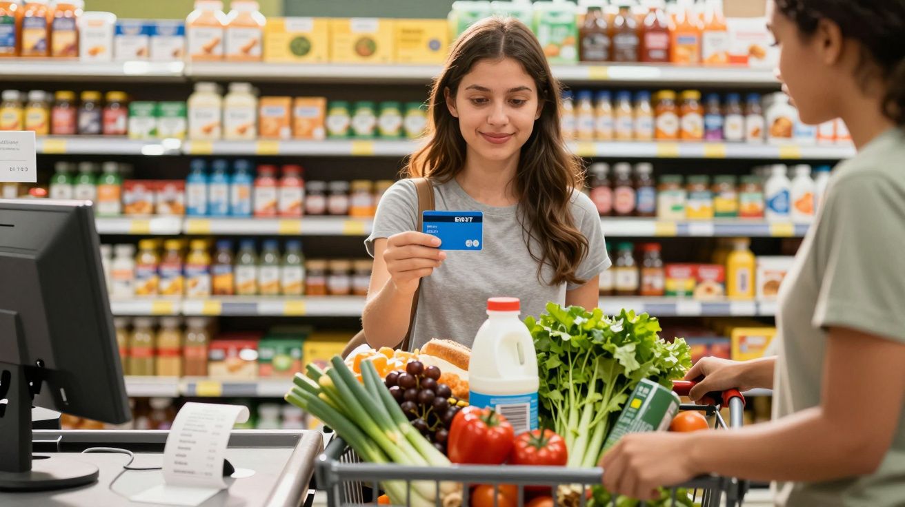 Mulher a pagar compras com cartão num supermercado, carrinho cheio de produtos frescos e legumes.