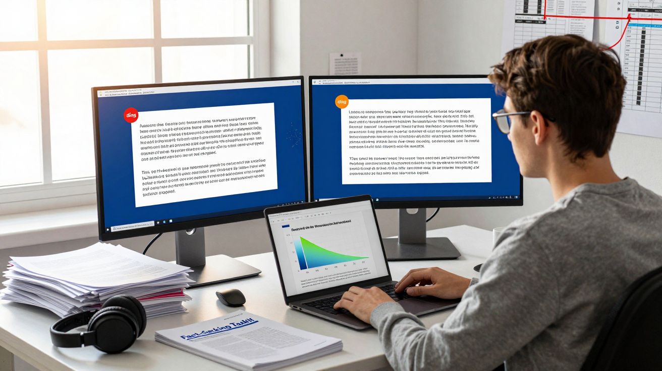 Pessoa a trabalhar numa secretária com dois ecrãs e um portátil, rodeada de documentos e auscultadores.