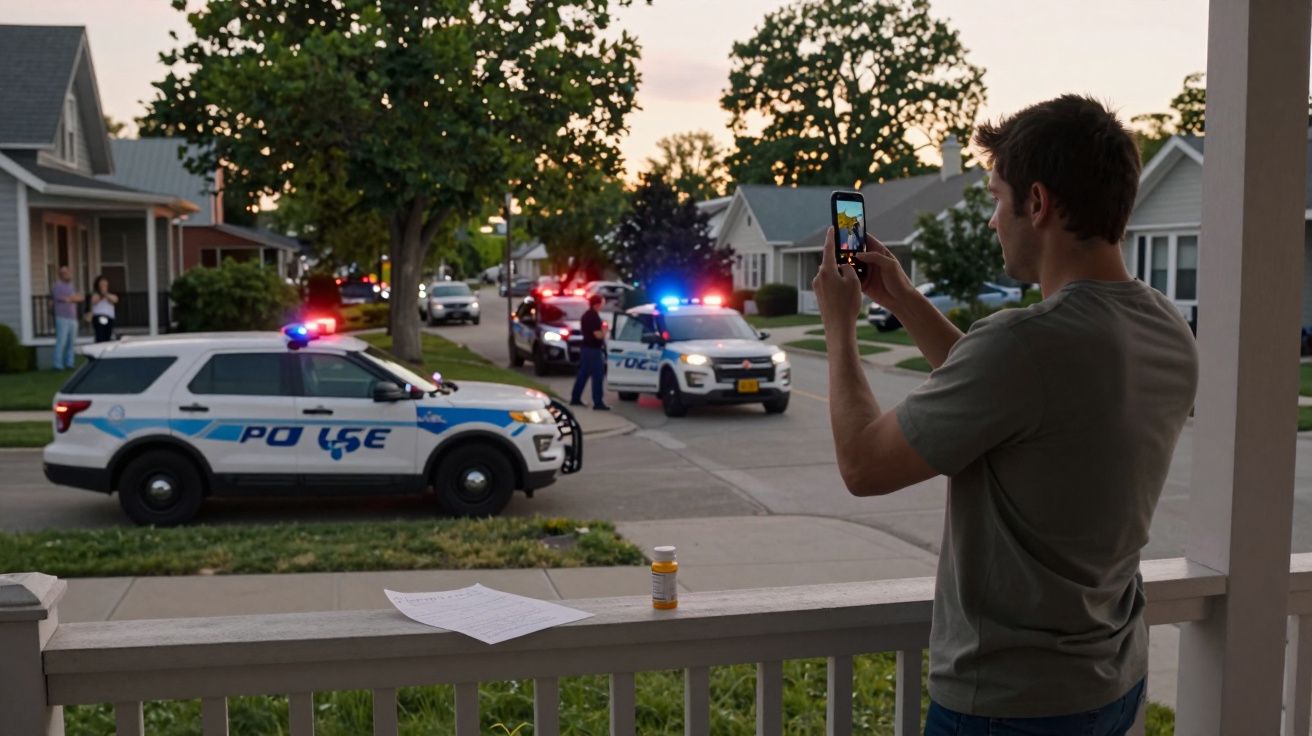 Homem tira foto com telemóvel de duas viaturas policiais com luzes ligadas numa rua residencial ao entardecer.
