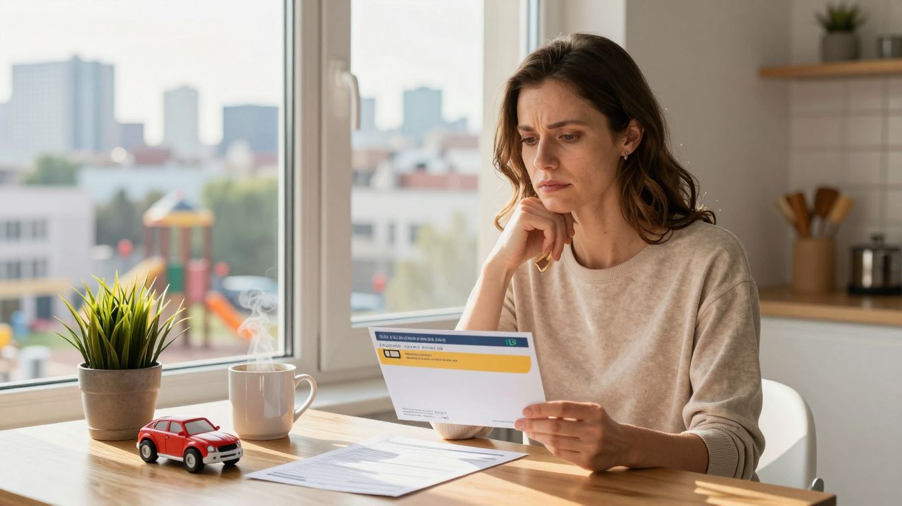 Mulher preocupada lê carta numa mesa com plantas, mini-carro e cidade desfocada pela janela.