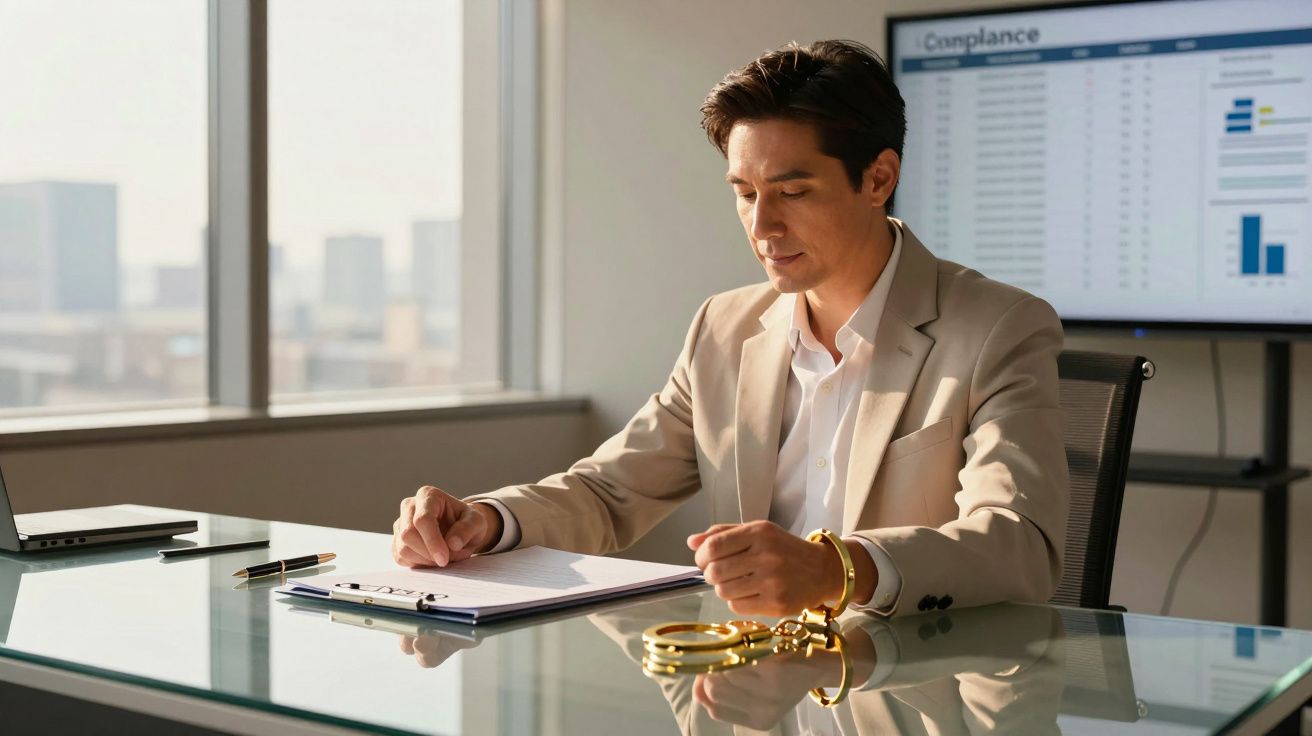 Homem de negócios sentado em escritório com algemas douradas no pulso e documentos sobre secretária.