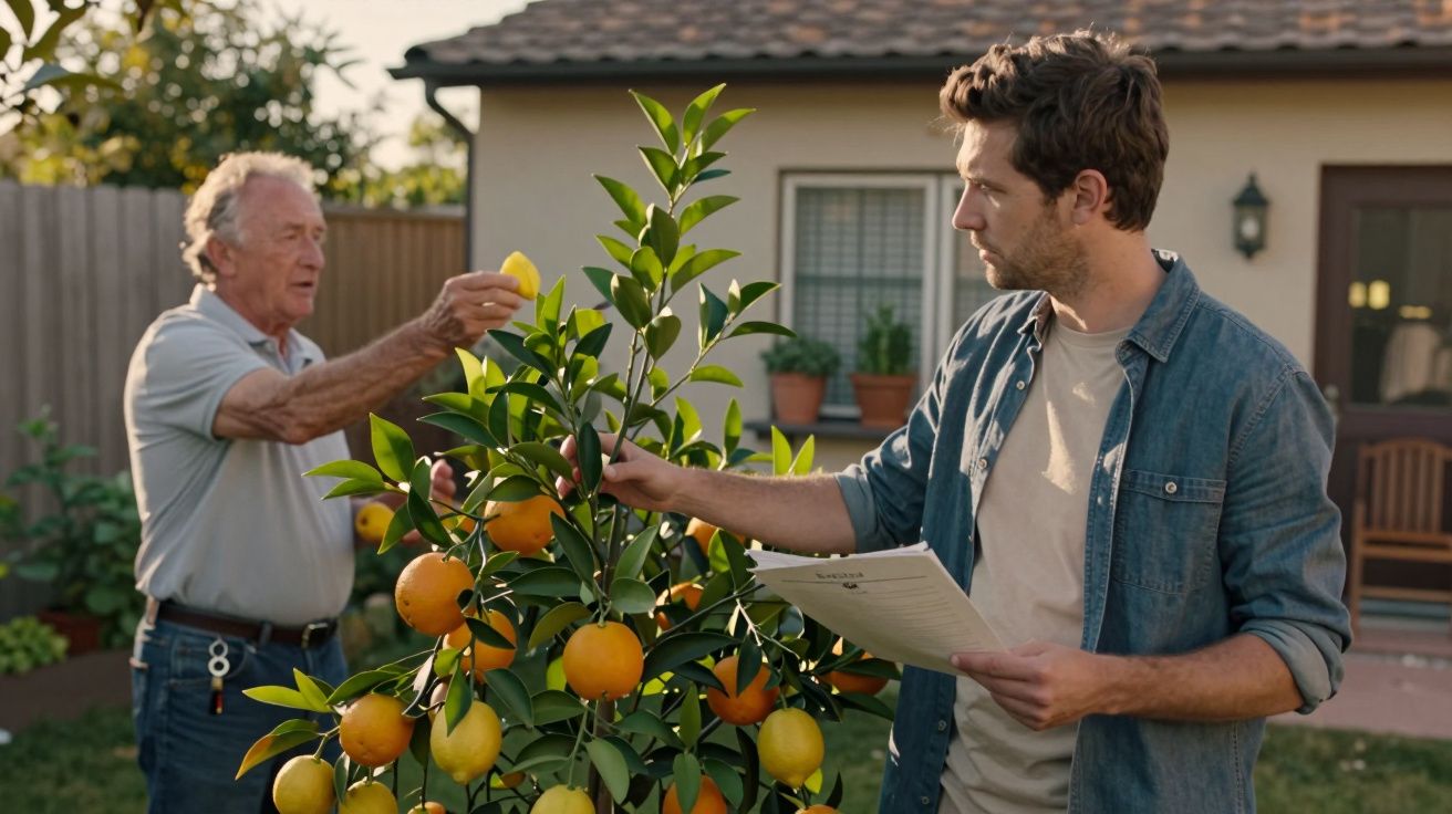 Homem idoso e jovem colhem limões e laranjas de uma árvore num jardim residencial.