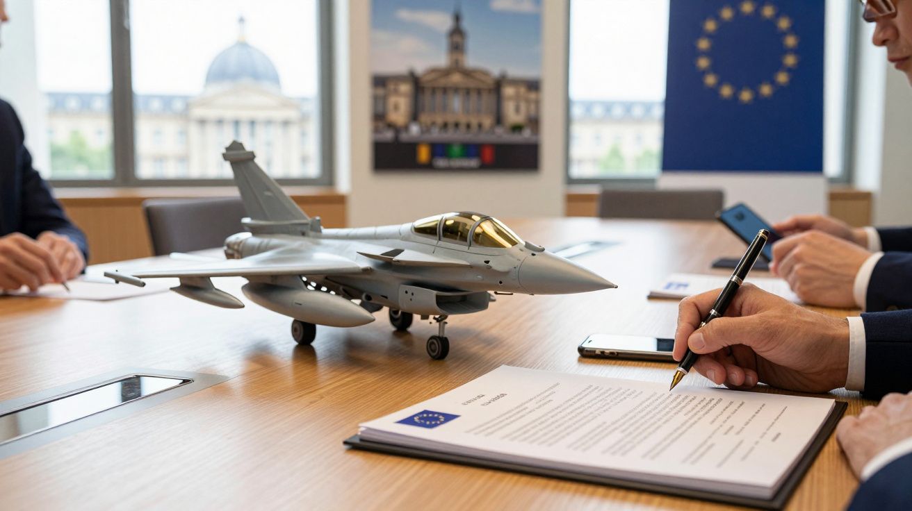 Miniatura de avião de combate numa mesa de reunião com documentos oficiais e bandeira da União Europeia ao fundo.