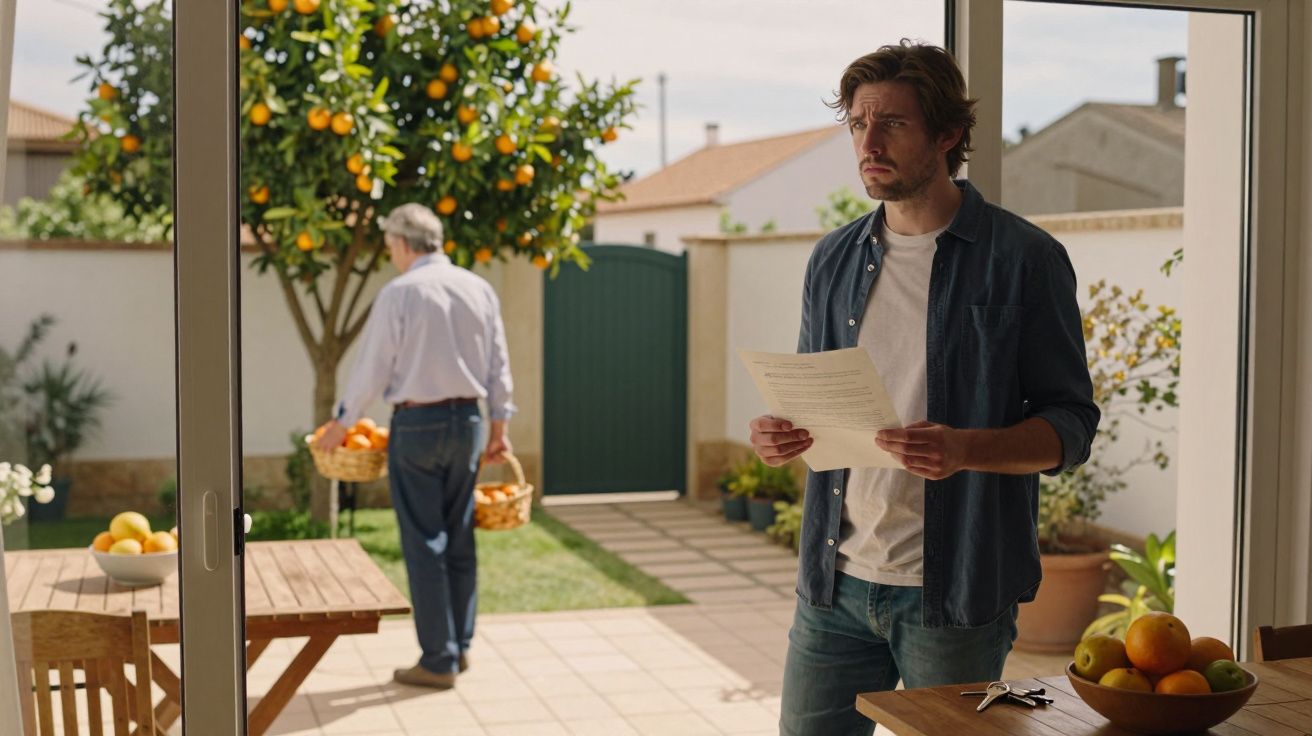 Homem a ler documento dentro de casa, outro homem no jardim a colher laranjas de uma árvore.