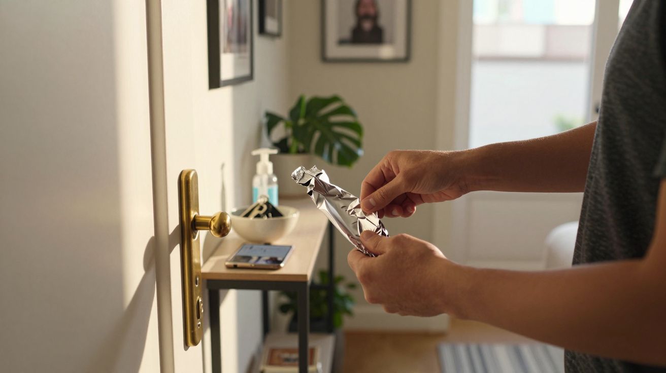 Pessoa a abrir embalagem de barra de chocolate numa sala iluminada com mesa e plantas ao fundo.