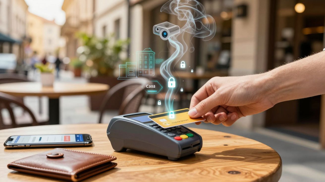 Pagamento contactless com cartão num terminal, com ícones digitais de segurança virtual à volta.