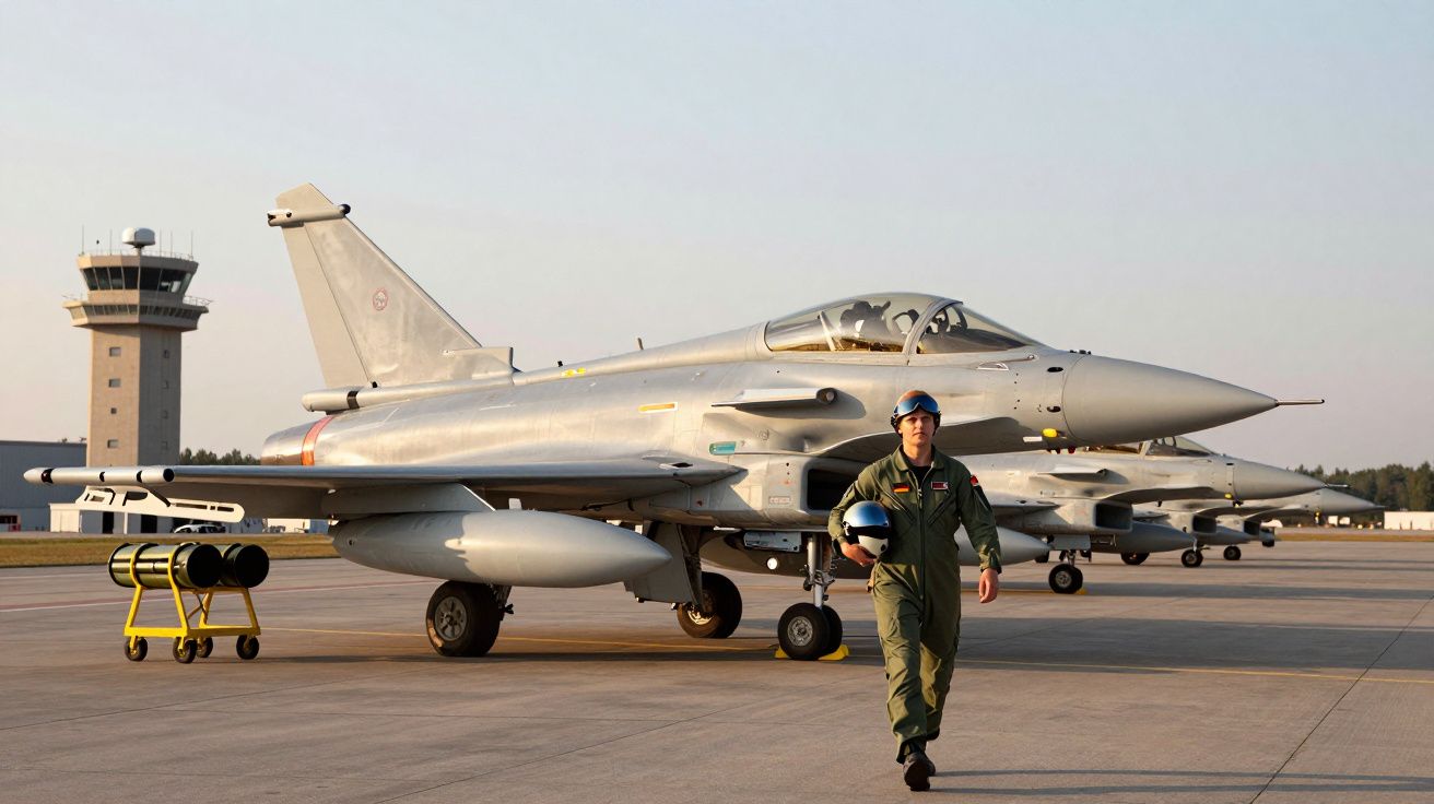 Caça militar estacionado com piloto em uniforme verde e capacete na mão num aeroporto ao amanhecer.
