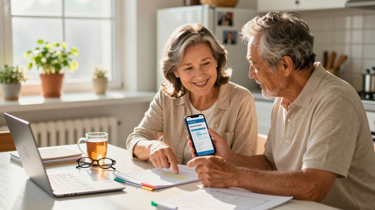 Casal idoso sentado à mesa da cozinha, a sorrir e a olhar para um telemóvel com documentos e laptop.