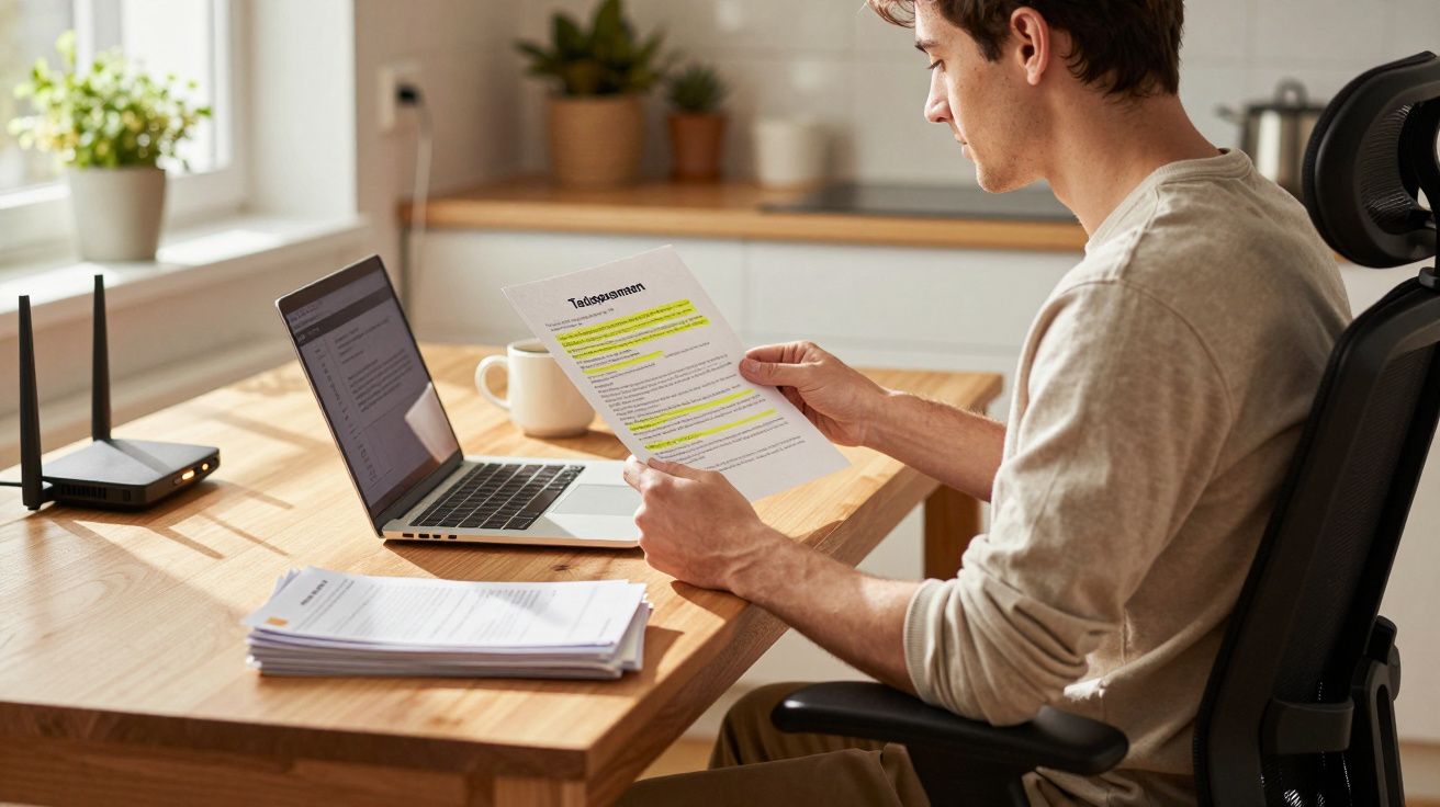 Homem sentado numa cadeira a analisar documento destacado numa mesa com computador portátil e pilha de papéis.
