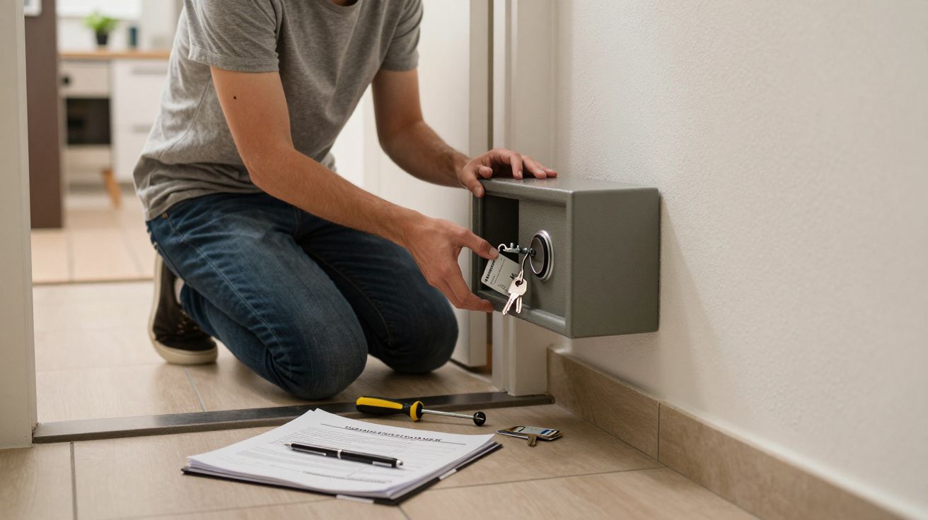 Pessoa a guardar chaves num cofre de parede com documentos e ferramenta no chão.