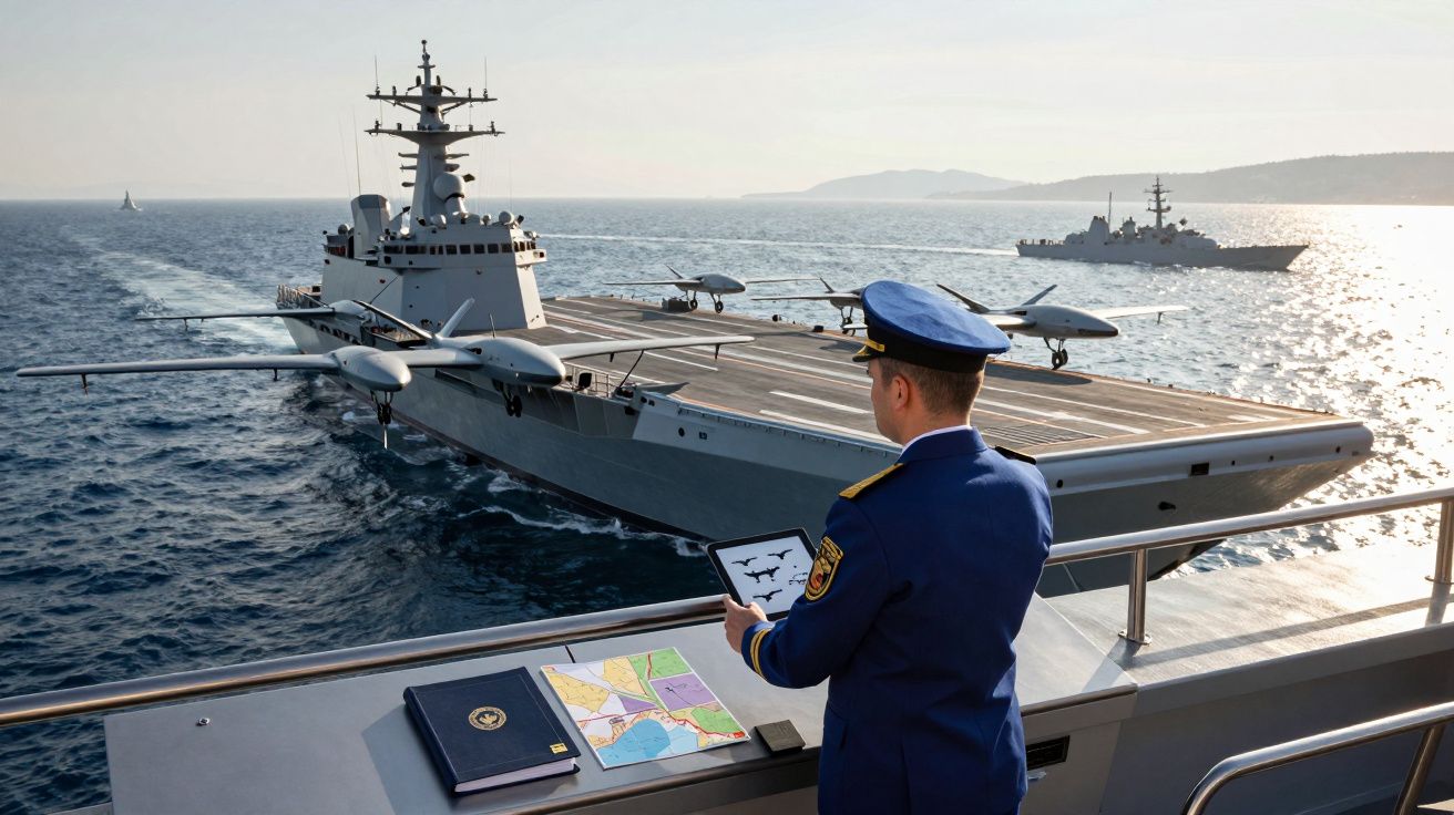 Militar em uniforme azul observa porta-aviões com drones de asa rotativa no convés, mar calmo ao entardecer.