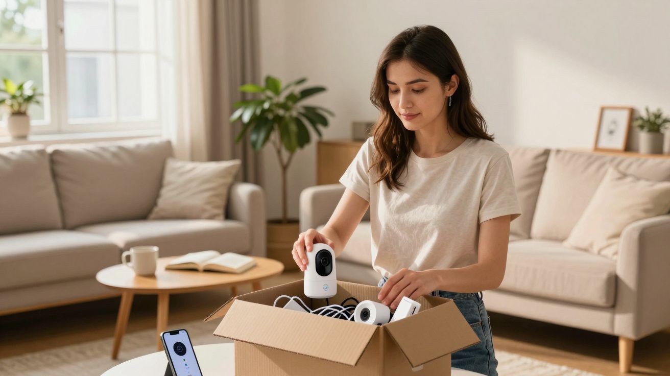 Mulher desempacota câmeras de segurança domésticas num ambiente acolhedor com sofá e mesa de centro.