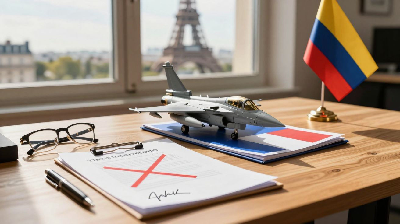 Mesa com maquete de avião militar, documentos assinados, óculos, caneta e bandeira da Colômbia, Torre Eiffel ao fundo.
