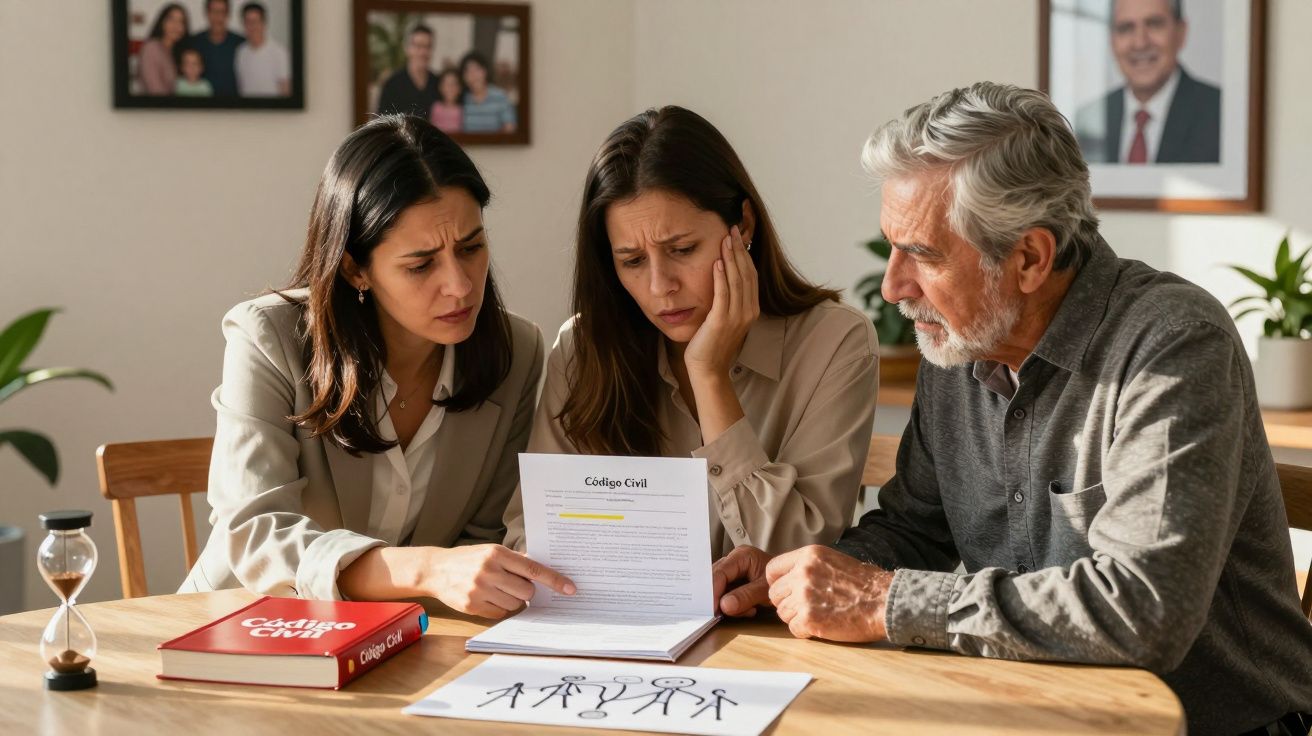 Três pessoas preocupadas discutem documento jurídico junto a livro do Código Civil numa mesa com desenho de família.